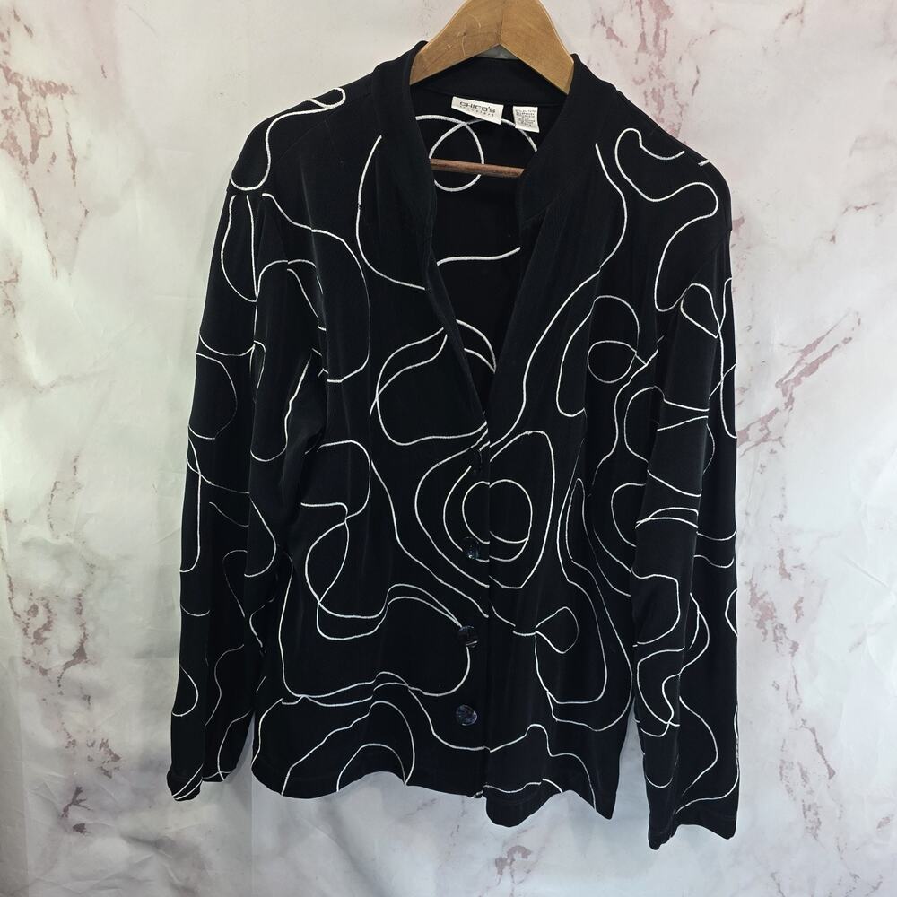 Chicos Jacket Womens XL 3 Black White Embroidered Travelers Liquid Knit Artsy